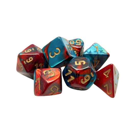 Chessex Gemini Polyhedral 7 Dice Set: Red-Teal / Gold