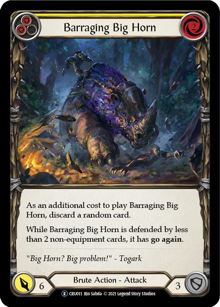 (CRU011) Flesh & Blood TCG Crucible of War - Unlimited Single: Barraging Big Horn (Yellow) (Rainbow Foil)  Rare