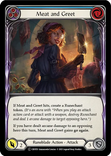 (CRU153) Flesh & Blood TCG Crucible of War - Unlimited Single: Meat and Greet (Blue) (Rainbow Foil)  Common