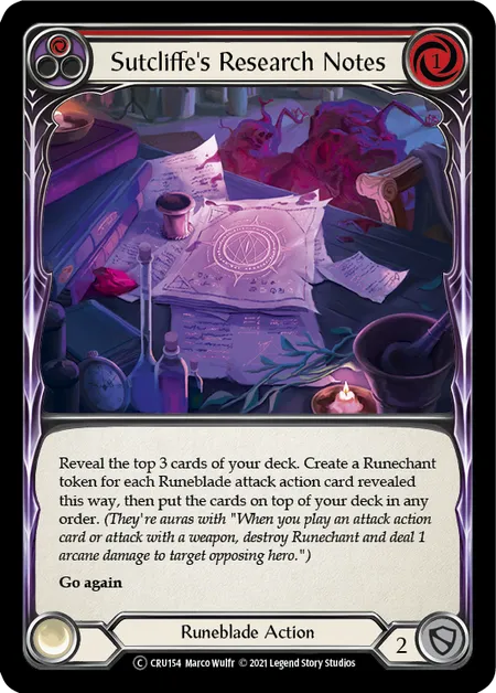 (CRU154) Flesh & Blood TCG Crucible of War - Unlimited Single: Sutcliffe's Research Notes (Red) (Regular)  Common