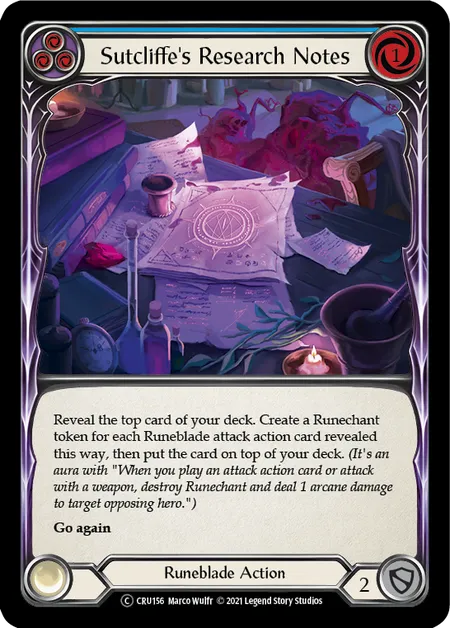 (CRU156) Flesh & Blood TCG Crucible of War - Unlimited Single: Sutcliffe's Research Notes (Blue) (Regular)  Common