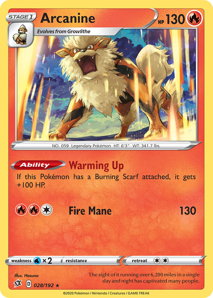 (028/192) Pokemon TCG Rebel Clash Single: Arcanine  Rare