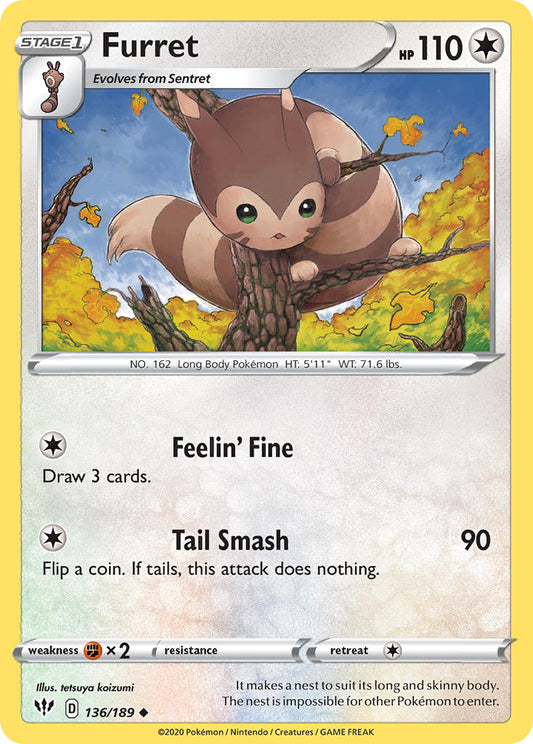 (136/189) Pokemon TCG Darkness Ablaze Single: Furret Reverse Holo Uncommon