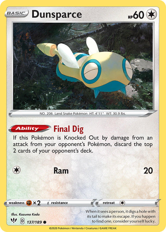 (137/189) Pokemon TCG Darkness Ablaze Single: Dunsparce Reverse Holo Common